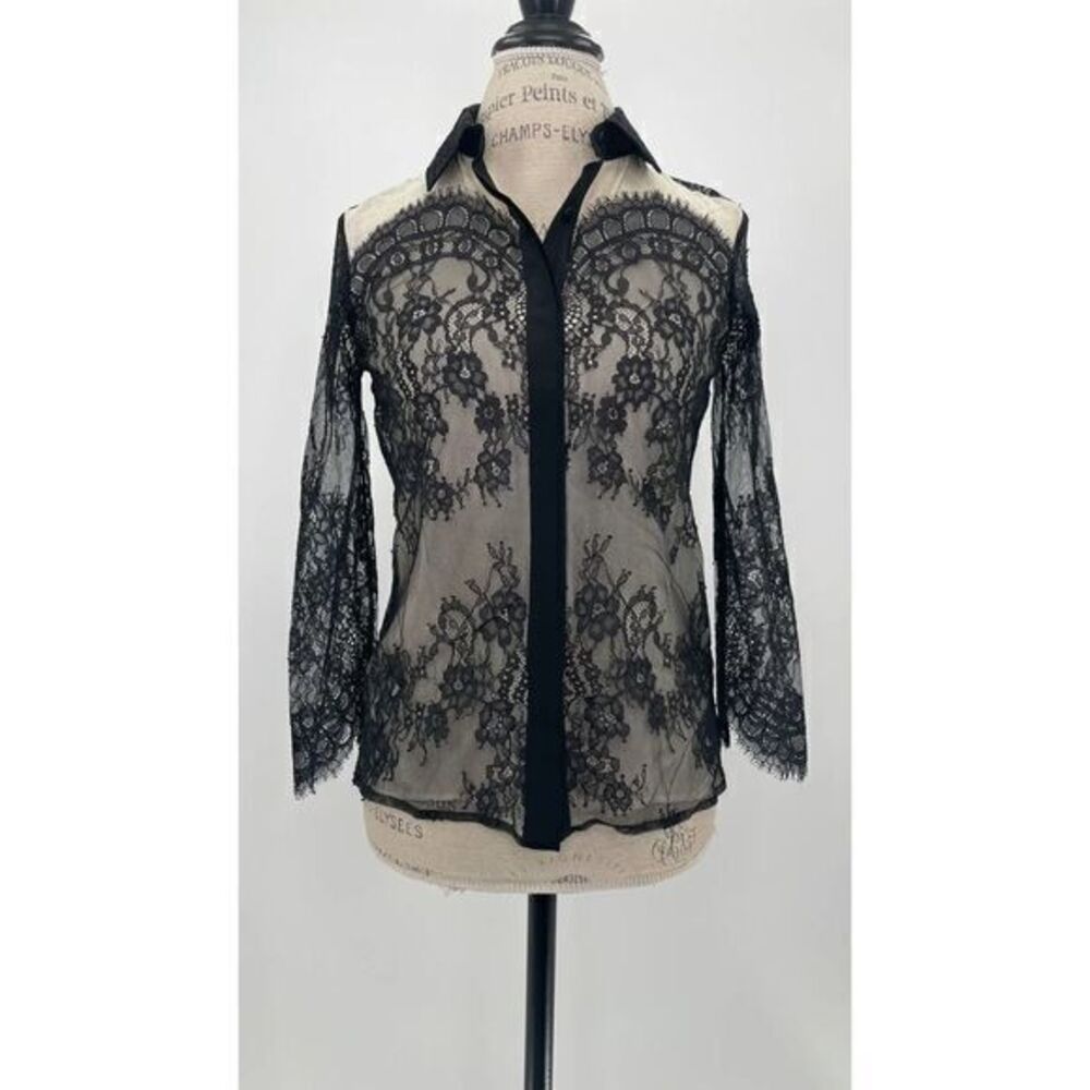 TIBI Black Sheer Lace See-through Button-down Blouse US 0
